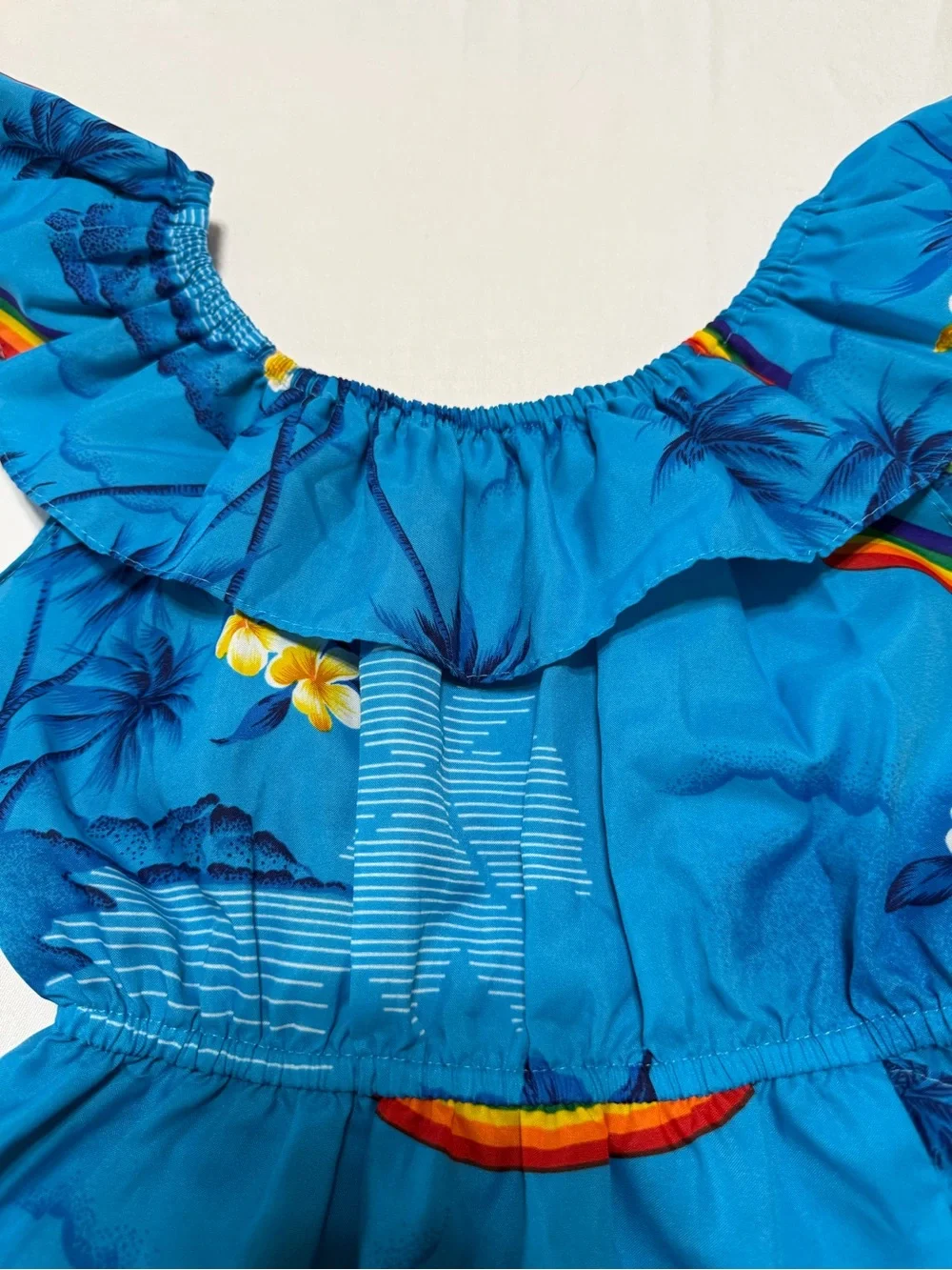 Vintage Helena Blue Tropical Dress with Rainbow and Floral Print